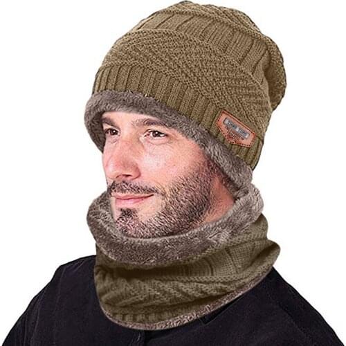 Men Keep Warm Beanie Winter Thicken Hat and Scarf Two-piece Knit Windproof Cap Plus Velvet Cycling Caps Set Sombrero Mujer