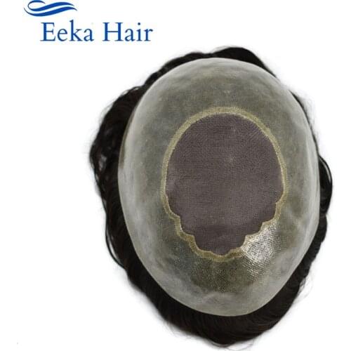 Mens Toupee Hair Replacement System Fine Mono Clear Poly Around Light Medium Wig Black Real Human Hair Slight Wave Free Style