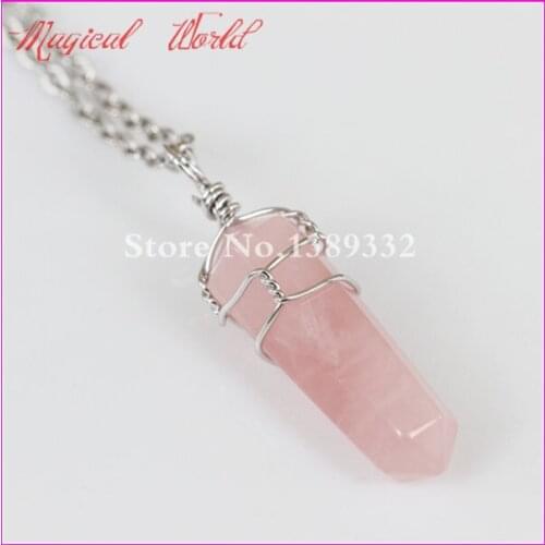 Natural Gems Stone Healing Point Pendant Necklace Wire Wrapped Hexagonal Pink Druzy Pendant Necklace