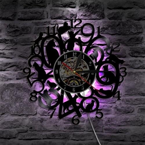 Lovely Kitty Family Silhouette Wall Lamp Vinyl Record Wall Clock Home Decor Wall Watch Pet Cats LED Decorative Lighting