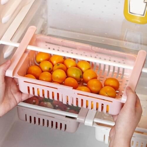 Refrigerator Storage Basket Adjustable Fridge Freezer Space Saver Storage Shelf Pull-out Drawer Drain Rack Kitchen Organizer