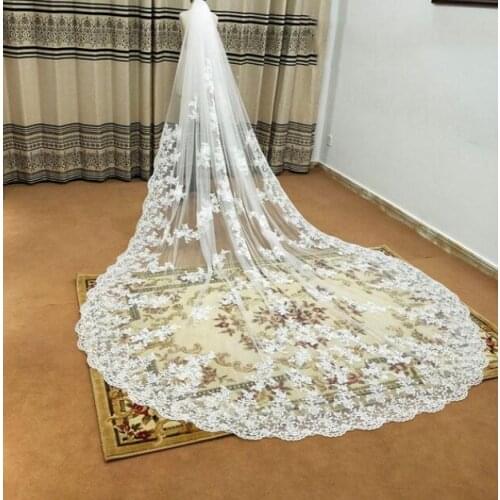 Cathedral Length Retro Bridal Veils White Ivory Lace Edge Decal One Layer Wedding Veil With Comb