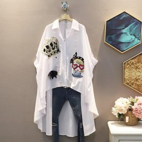 Spring Summer Black White Women Irregular Blouse 2021 Women Crown Blouse With Beading Female Cartoon Blouse With Sequin Z599