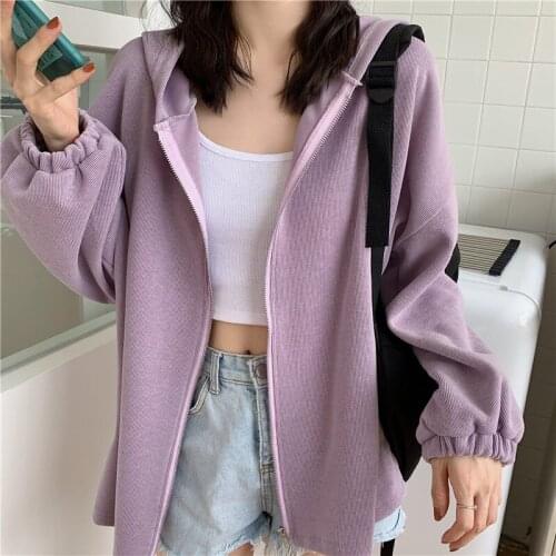 Women Hoodies Zip-up Zipper Pocket New Loose Casual Sweet Streetwear Korean Plus Size Femme Sweatshirts Outerwear