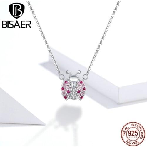 BISAER Pink Ladybug Necklace 100% 925 Sterling Silver Cubic Zirconia For Women Necklace Long Chain Link Jewelry Gift ECN400