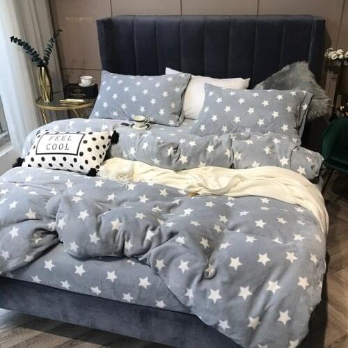 Winter Warm thickening Milk cashmere Soft Bedding sets Queen King Coralline Duvet cover Bed sheet set Pillowcase 4pcs grey star