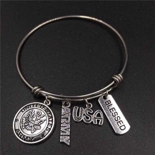 2.5inch Diameter American Military Medal Army Charm Polished Stainless Steel Expandable Wire Bangle Bracelet Bulk Price