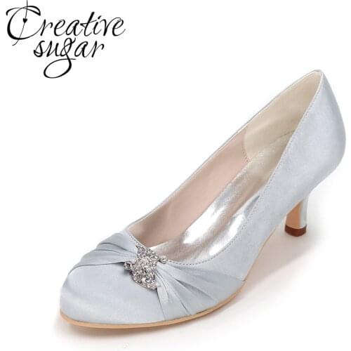 Creativesugar crystal know satin dress shoes kitten heels elegant heels for bridal wedding prom cocktail silver grey purple red