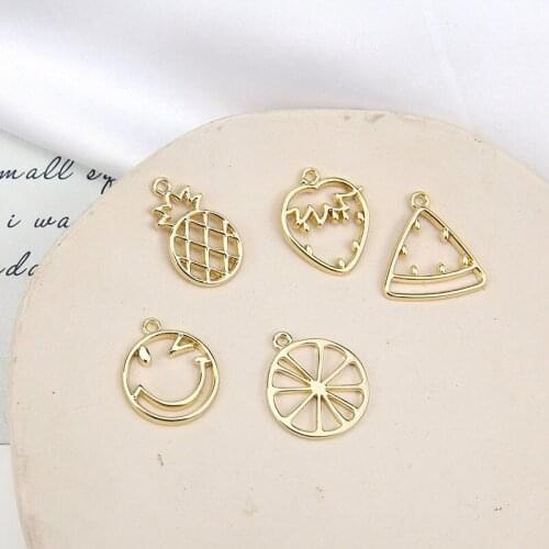 New 50pcs/Lot Gold Tone Alloy Charms Hollow Out STyle Fruit Pinapple Watermelon Lemon Heart Smiling Face Jewelry Pendants Craft