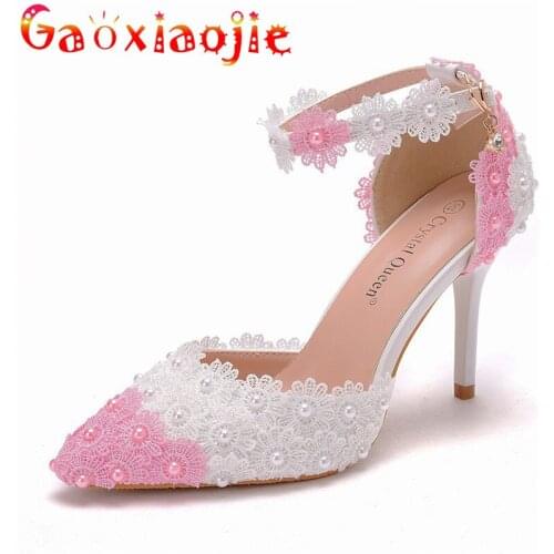 Pink And White Patchwork Hollow Flower Closed Pointed Toe Sandal Women Summer Pearl Buckle Strap Wedding Dress Stiletto Shoes