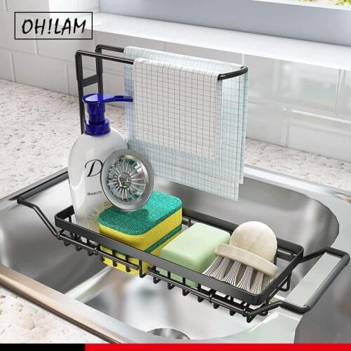 Sink Caddy Sponge Holder Kitchen Sink Organizer Caddy Sink Accessories Rag Detergent Black Dishwashing Liquid Rack Expandable