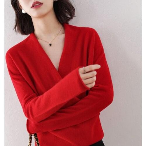 Hot Sale 100% Pure Wool Knitted Sweater Women V-neck Long Sleeve Standard Cashmere Knitwear Winter New Fashion Female Jumpers