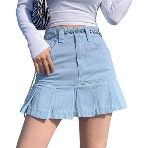 Summer Stylish Sweet Women Casual Pleated Hem Skirt Solid Color High Waist Short Skirt with Pockets Blue/ Khaki