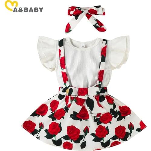 Ma&Baby 1-6Y Summer Toddler Kid Girls Clothes Set Flower Outfits White Ruffles T shirt Rose Print Skirts Children Clothing DD43