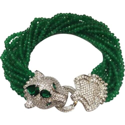 Handmade leopard head micro inlay zircon clasp green JADE multi-rows bracelet