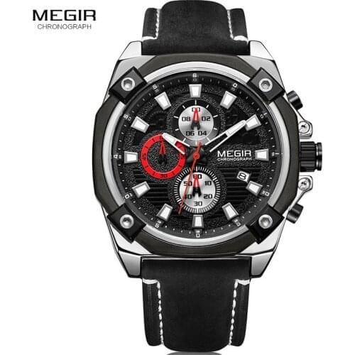 Megir Mens Chronograph Analog Quartz Watch Leather Strap Luminous Hands Date Indicator Army Style Wristwatch for Man 2054G
