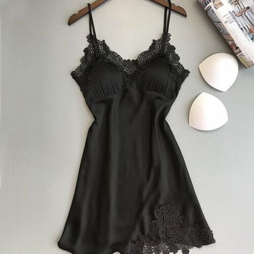 2021 Female Sexy Nightdress Deep V Lace Sleepwear Women Lingerie Satin Nightie Nightgown Sleeveless Sling Nightwear Home Dress