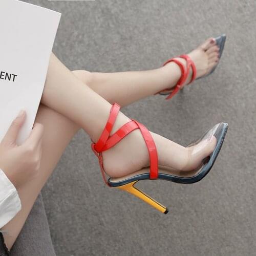 2021 New Transparent PVC pointed toe summer sandals women sexy high heels womens shoes multi color cross-strap rivets pumps