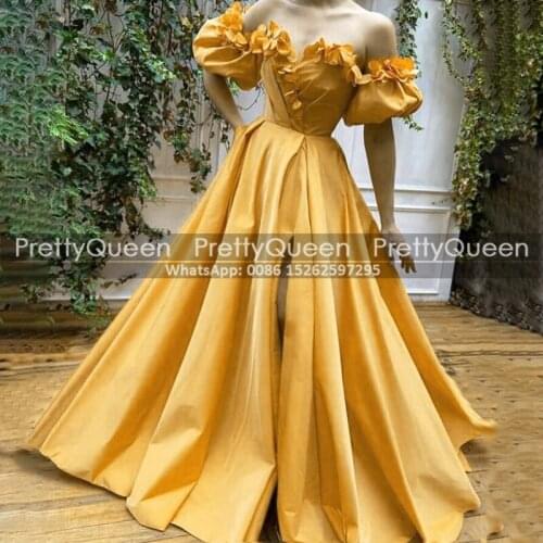 Chic Appliques A Line Prom Dresses With High Split Short Puff Sleeves Boat Neck Gold Satin Long Sweep Train Celebrity Dress