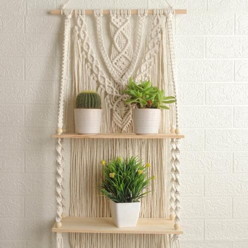 Woven Floating Shelf Tapestry Boho Style Hanging Art Plant Holder Bohemian Pendant Macrame Wall Hanging for Home Bohemian Decor