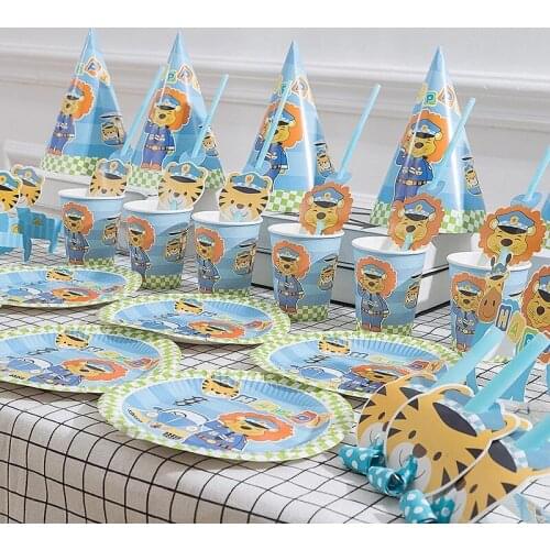 Tiger Police Them Birthday Party Supplies 6pcs/set Disposable tableware Set Cartoon Paper Plate Cup Straw Hat Mask Blow Dragon