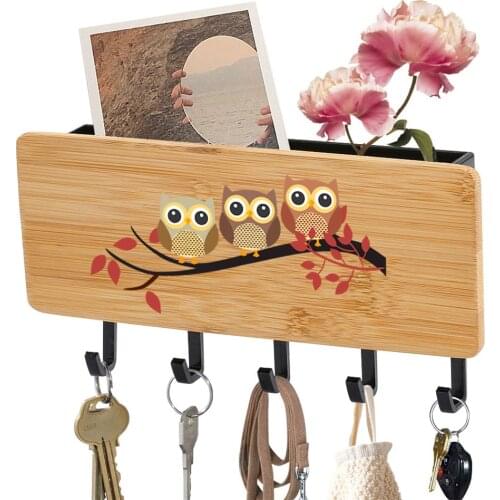 Key Hanger Sundries Storage Household Box Printed Cute Owls Bamboo Wooden Keychain Racks 5 Hooks Wall Door Back Organizer Box