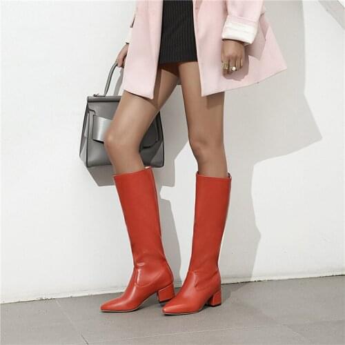 YMECHIC Fashion Pointed Toe Sexy Long Riding Boots White Black Red Chunky High Heels Womens Shoes Winter Mid Calf High Boots 43