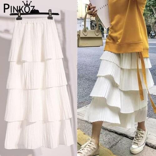 Pinkoz summer spring maxi skirt women white layers pleated soft girl black gothic long skirt vintage chic falda saia jupe femme