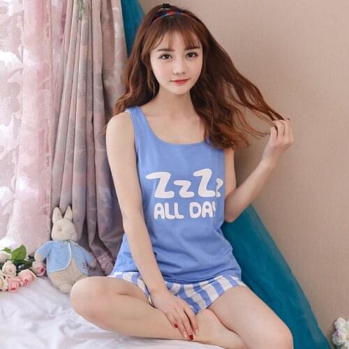 Sanderala Woman Cotton Pajama Sets M-XXL Plus Size Cute Comfortable Nightgown Sleeveless Nighty Ladies Lingerie Pants Sleepwear