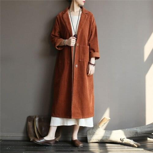 QPFJQD Women Corduroy Trench Coat Winter Windbreaker Cotton Womens Warm Slim Long Sleeve Casual Autumn Spring
