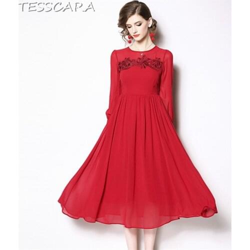 TESSCARA Women Spring Office Elegant Chiffon Dress Festa Female High Quality Vintage Designer Vestidos Long Red Party Robe Femme