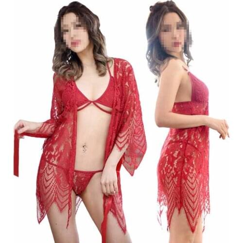 Women Sexy Lingerie Pajamas Lace Robe Bodysuit Temptation Sling Nightdress Robe Gowns Set Bathrobe Suit Set
