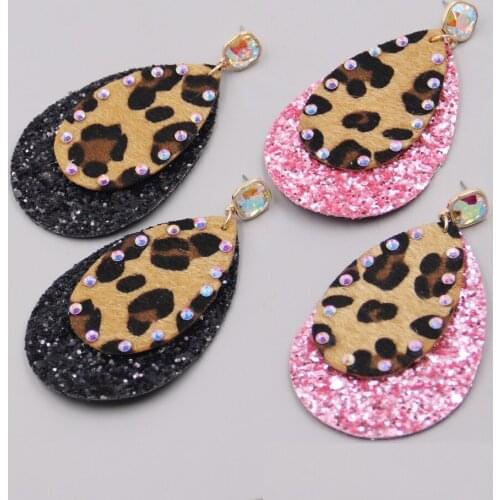 2021 New Fashion Square AB Crystal Horse Hair Glitter Double Layer Blingbling Water Drop Leather Stud Earrings