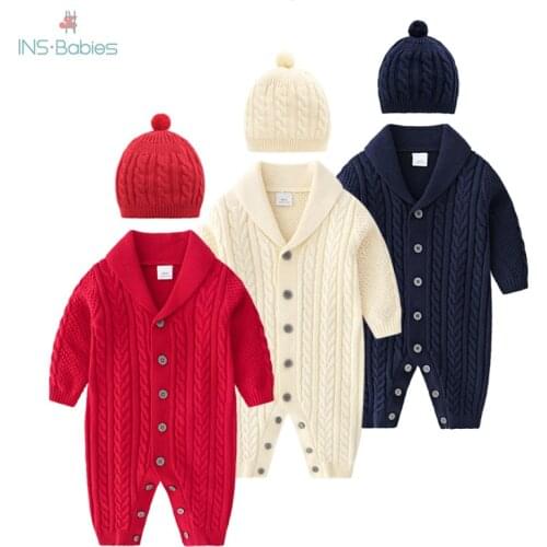 2020 Winter baby knitted romper in Baby Girls' Rompers knitting jumpsuit+caps for girl&boy christmas clothes for newborn twins