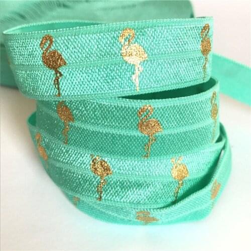 5/8" (5 yards/lot) Flamingo Gold Print Shiny FOE Fold Over Elastics Spandex Satin Band Hair Tie Headband DIY Crafts