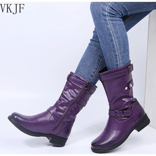 New Women Shoes Autumn Winter Pu Leather Mid Calf Boots Buckle Strap Platform Low Heels Western Ladies Martin Boots Botas Mujer