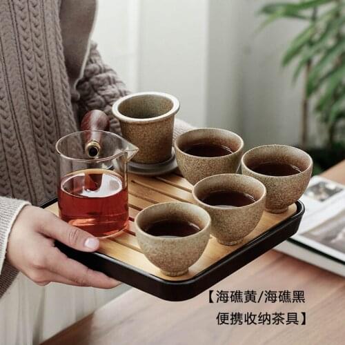 Sea Reef Glaze Kung Fu Tea Set Stoneware Glass Travel Quick Cup with Tea Tray Small Set