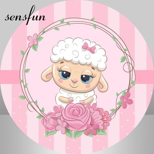 Round Circle Pink Flower Cute Sheep Backdrops Little Girls Baby Shower 1st Birthday Party Photograhy Backgrounds Photo Studio