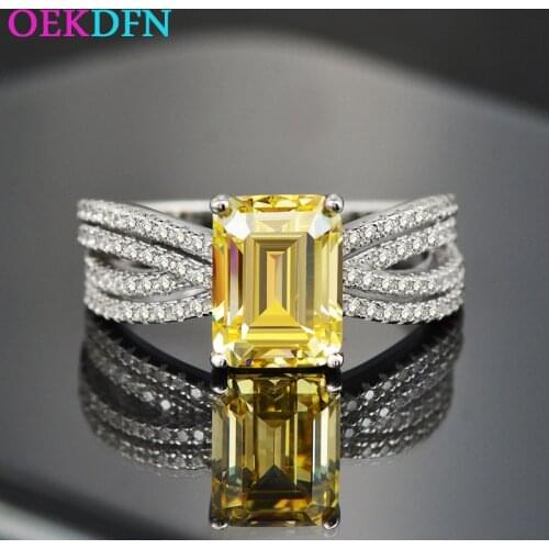 OEKDFN Trendy S925 Sterling Silver Ring For Women 7*9MM High Carbon Diamond Citrine Gemstone Wedding Jewelry Enagement Rings
