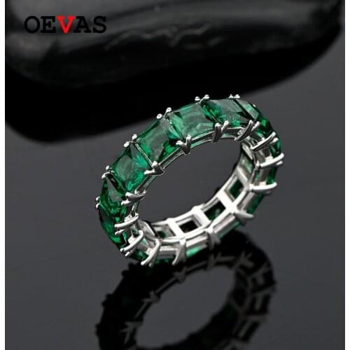 OEVAS 100% 925 Srerling Silver 1 Row 5*5mm Square Green Blue 5A Zircon Rings For Women Engagement Party Fine Jewelry Wholesale