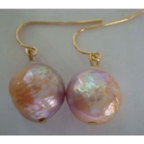 PAIR OF 13.65MM NATURAL SOUTH SEA GENUINE GOLD PINK PEARL EARRING 14K/20
