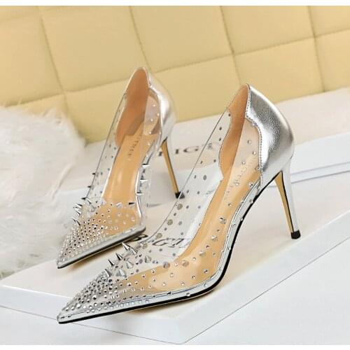 Europe and The United States Sexy Rivet Fine Heel High Heel Shallow Tip Transparent Water Drill Stitching Hollow Single Shoes