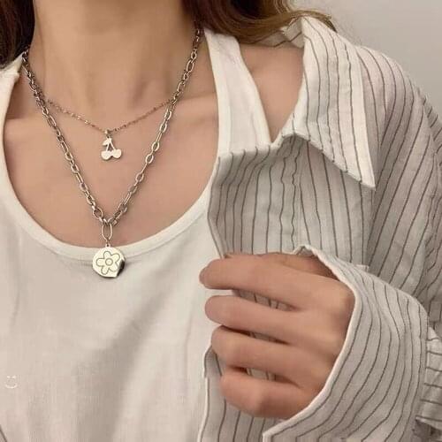 KISS WIFE Punk Silver Color Chain Multi-layered Necklace For Women Cherry Flower Pendant Necklaces Trendy Jewelry Party Gifts