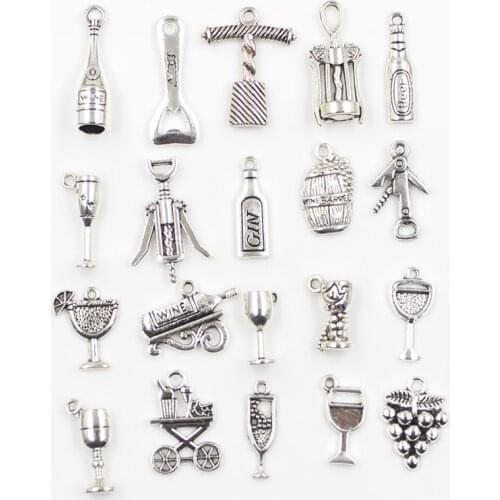 30pcs Charms beer barrel grape Wine Opener glass Antique Silver Color Mixed Pendants DIY Findings Tibetan Making Jewelry Craft