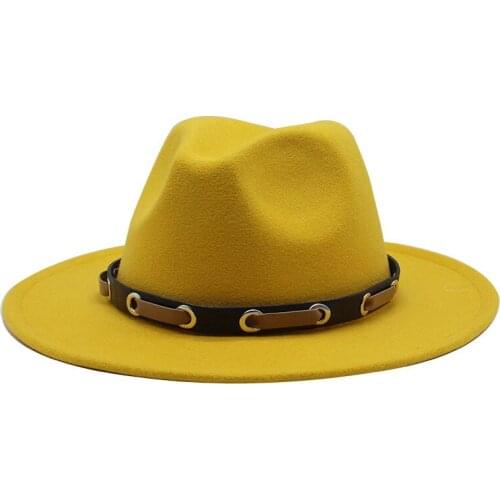 Seioum Women Men Wide Brim Wool Felt Jazz Fedora Hats Panama Style Cowboy Trilby Party formal Dress Hat Yellow white