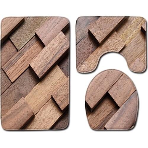 Toilet Seat Cover 3pcs Set 3D Wood Grain Bathroom Floor Mat Fannel Printing Pattern Water Absorption Anti-slip Decoration Rug