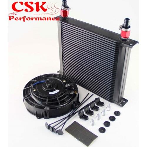 10-AN Universal 34 Row ENGINE Oil Cooler with fittings + 7" Electric Fan Kit Black