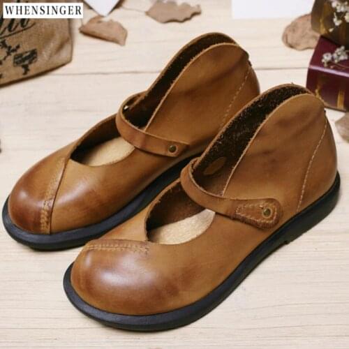 Whensinger - Women Flat Shoes Vintage Elegant Fashion loafers Genuine Leather Casual Word Band Flats Shoe