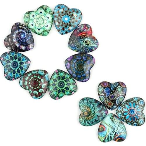 Xinyao 20pcs 10pcs 10mm 12mm 14mm 18mm 20mm 25mm Peacock Pattern Mixed Glass Heart Cabochon for DIY Jewelry Finding