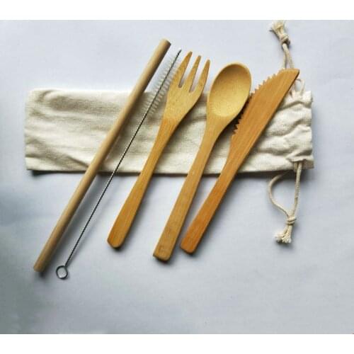 Zero Dechet Eco Friendly Natural Bamboo Products Biodegradable Sack Knife Fork Spoon Straw Brush Set 12 Piece Convenient Travel